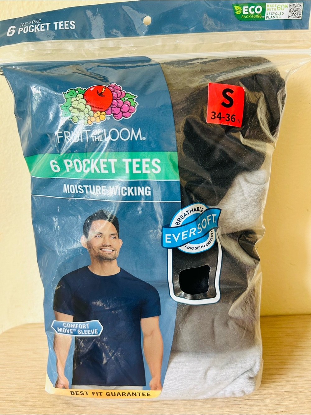 Fruit of the Loom 6-Pack Pocket Tees — Black & Gray small